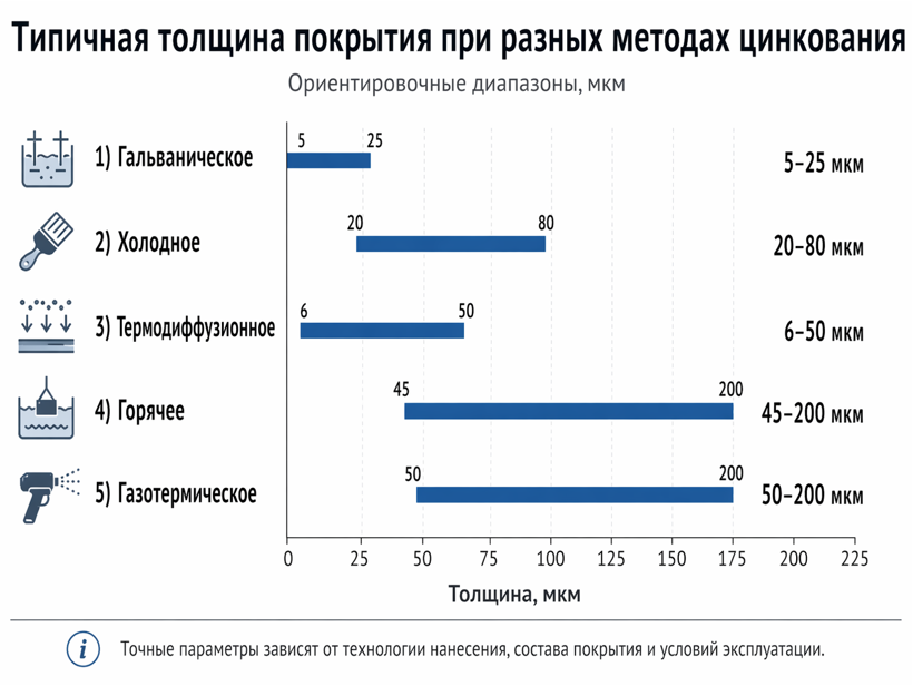 Примерная толщина слоя цинка при разных методах цинкования